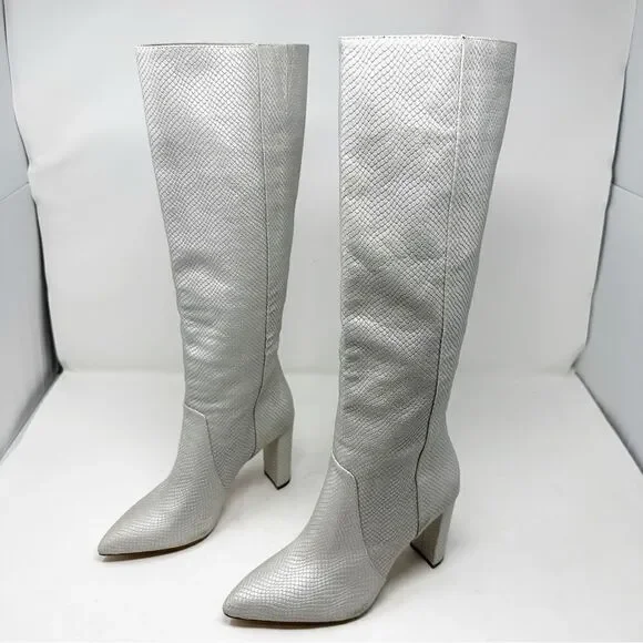 Y2k Silver Croc Embossed Leather Heeled Boots Size 6 Knee High Paige - Picture 3 of 8